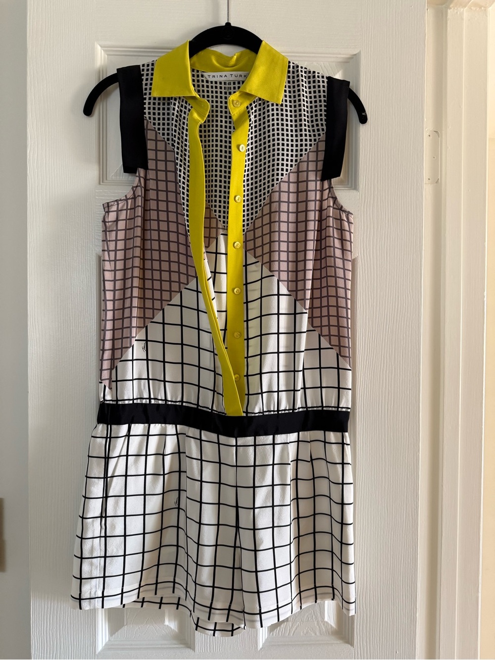 Trina Turk Black Grid-Print Sleeveless Mini Dress with Yellow Trim